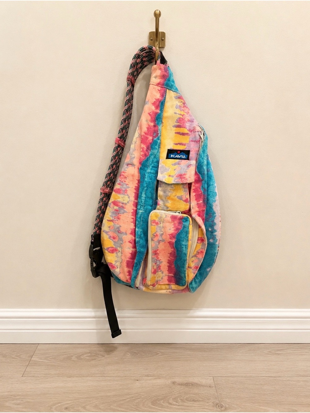Kavu Tie-Dye Rope Sling Bag - Teal, Pink, Yellow, Cream
